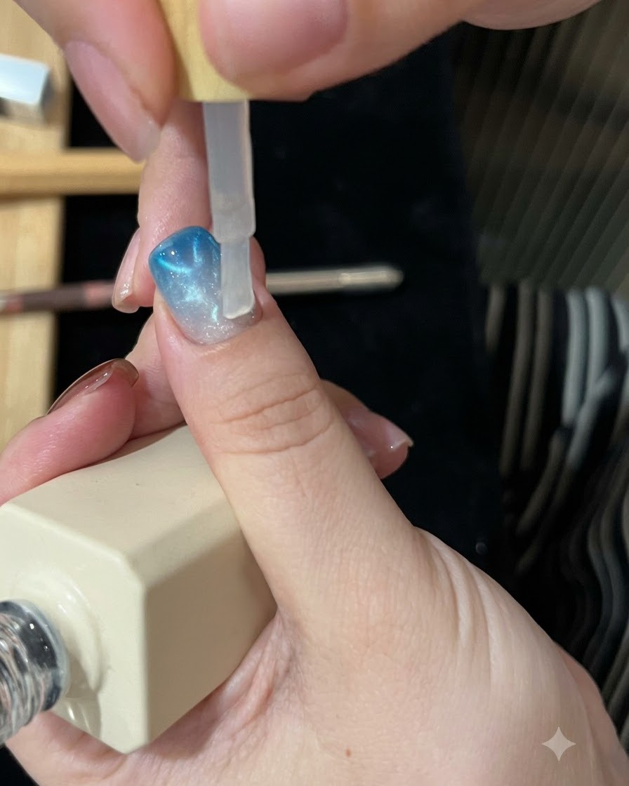 Un pinceau appliquant une fine couche de finition transparente sur un design dongle bleu cat-eye et ombré terminé.