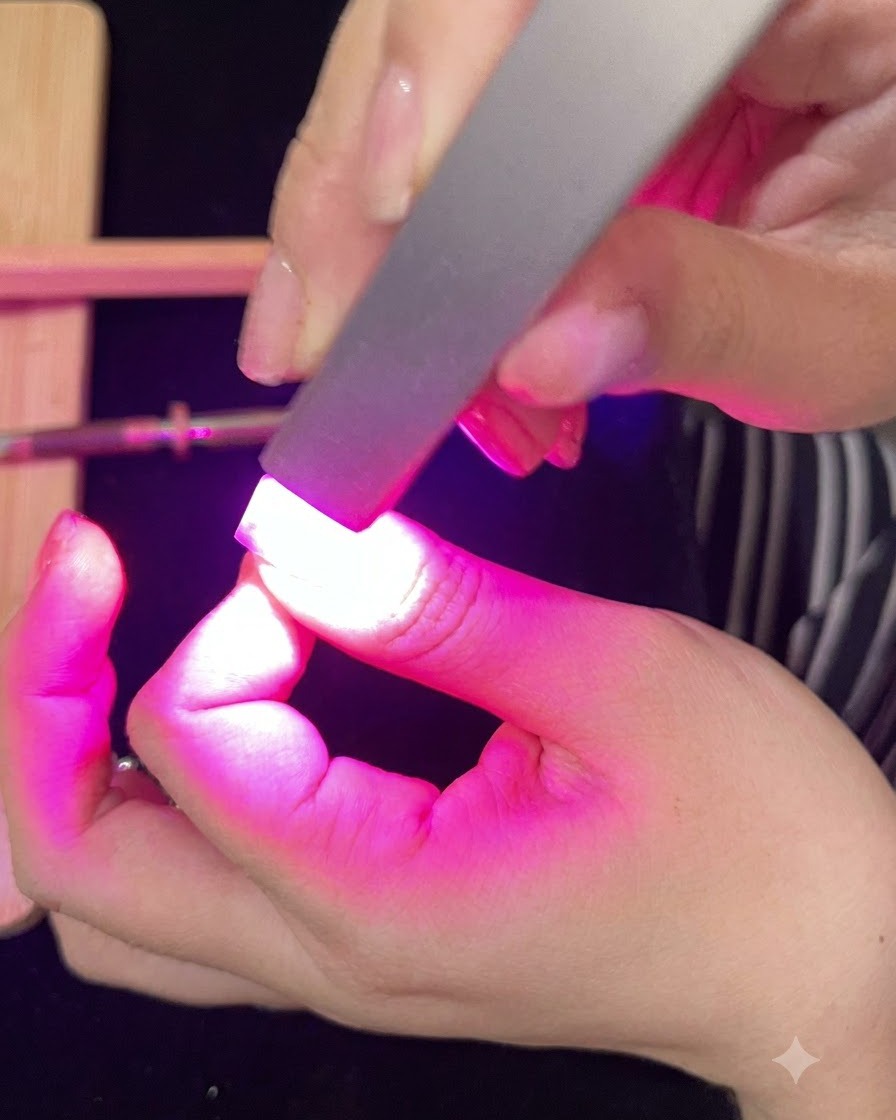Un ongle catalysant sous une lampe UV ou LED rose vif lors de lapplication finale du top coat.