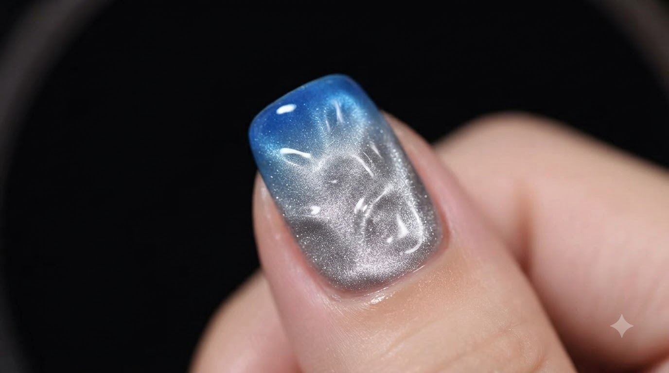 Ongles Effet Cat-Eye Magnétique Argenté et Effet Onde d'Eau Bleu — Tutoriel Étape par Étape