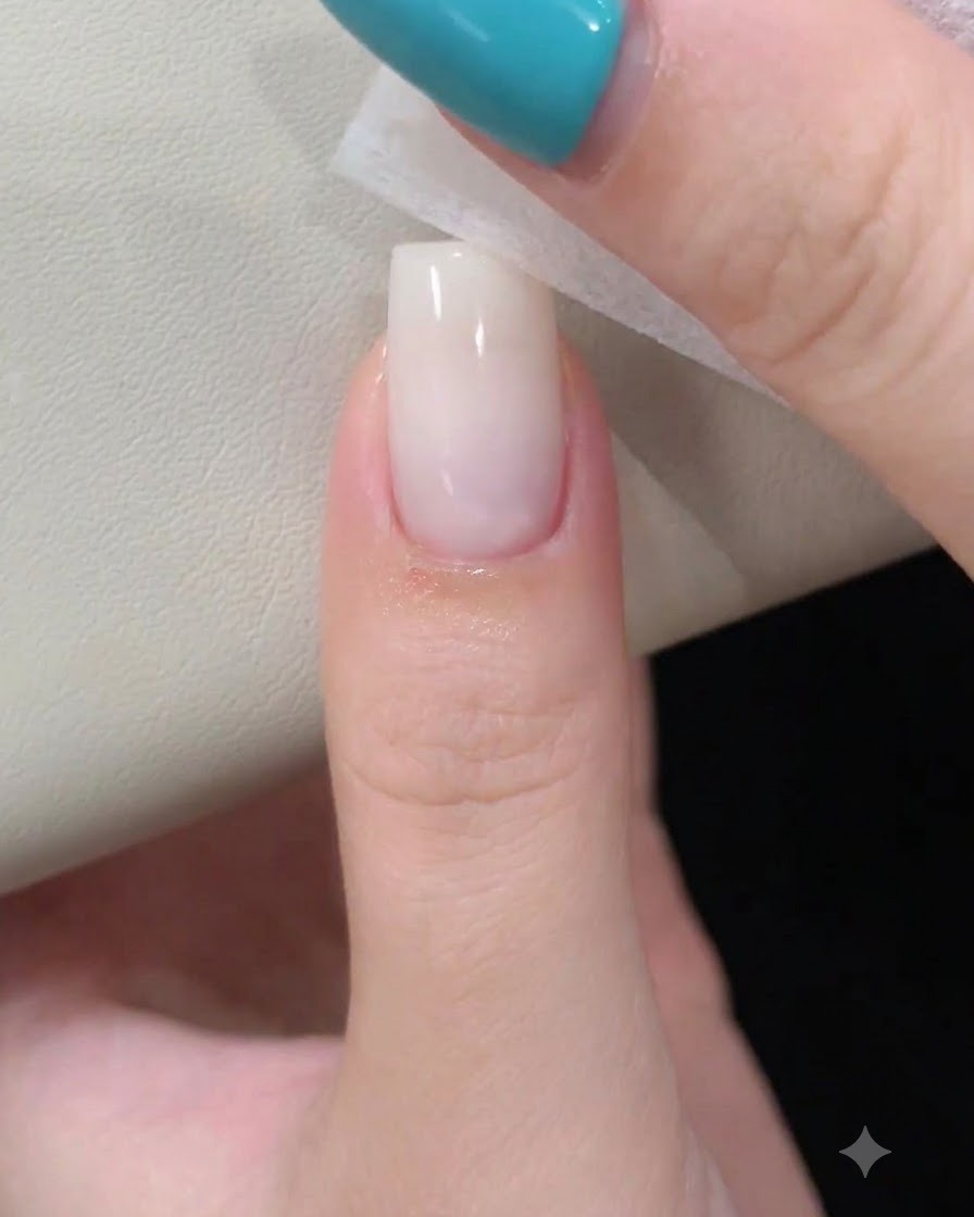 Une lingette nettoyante pressant un ongle blanc laiteux brillant sur un pouce pour éliminer les résidus.