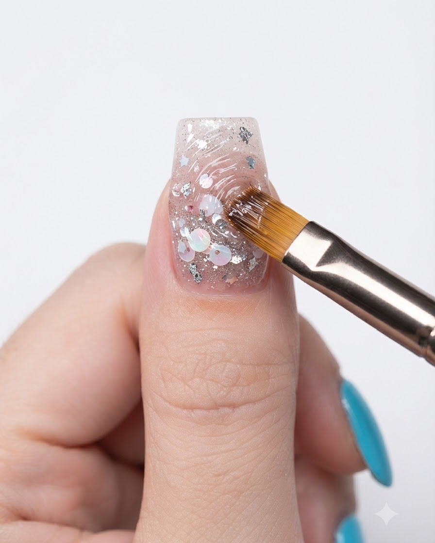 Un pinceau détaillé tirant du gel de modelage transparent pour former des crêtes dondulation deau 3D sur un ongle décoré.