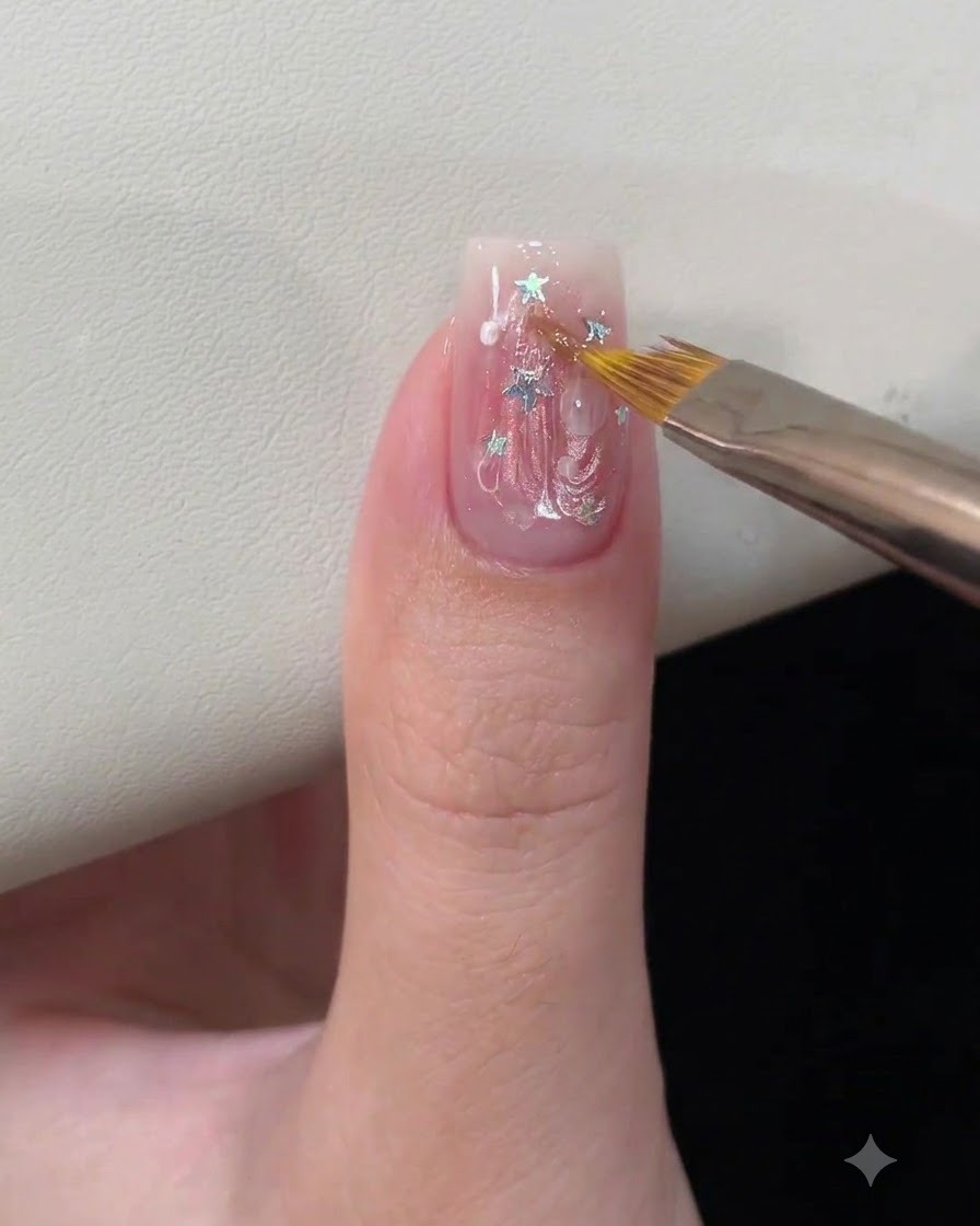 Gros plan dun ongle avec un art dongle dondulation deau 3D placé à lintérieur dune lampe à ongles UV ou LED pour la catalyse.