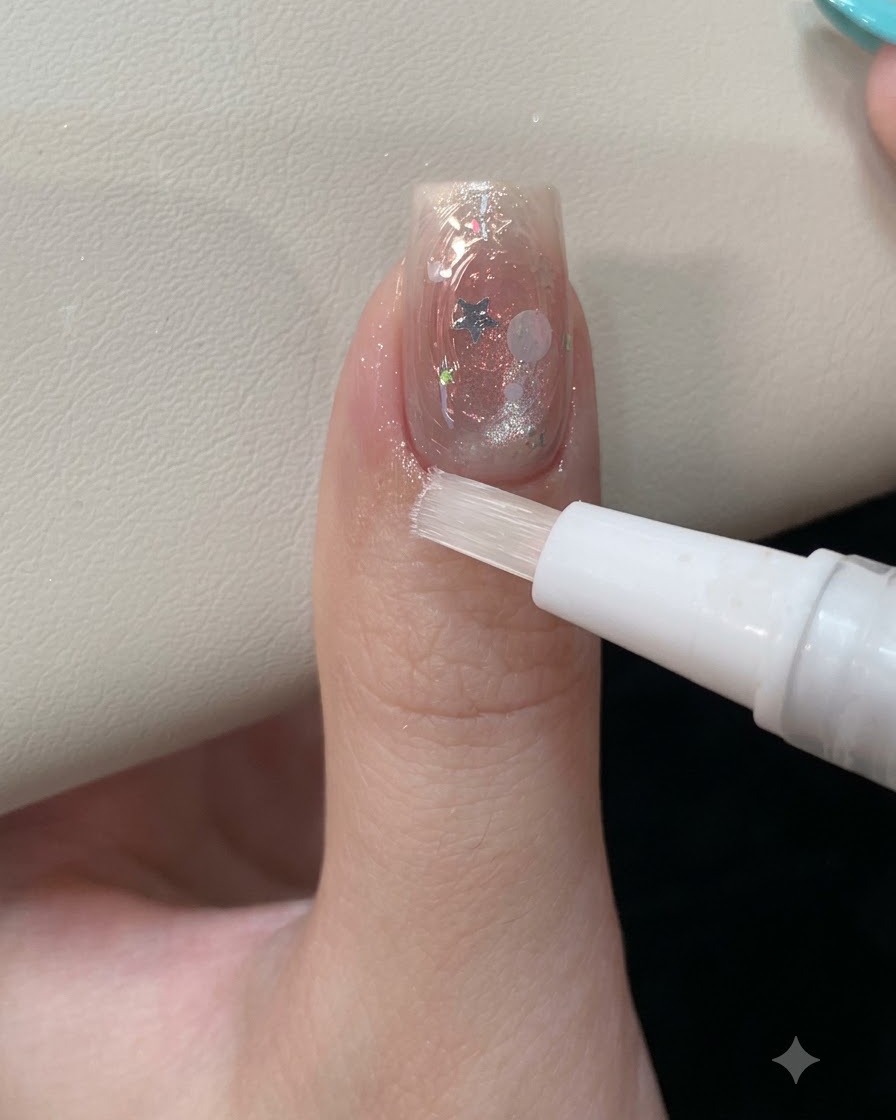Un stylo pinceau revitalisant blanc appliquant de lhuile pour cuticules transparente sur la peau entourant un ongle en gel magnifiquement décoré et fini.