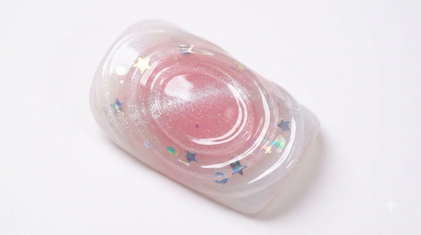 Gros plan sur le design dongles aurora water ripple achevé, présentant des sequins irisés en forme détoile et ronds sur une base en dégradé blanc laiteux et rose avec des étincelles œil-de-chat argentées.