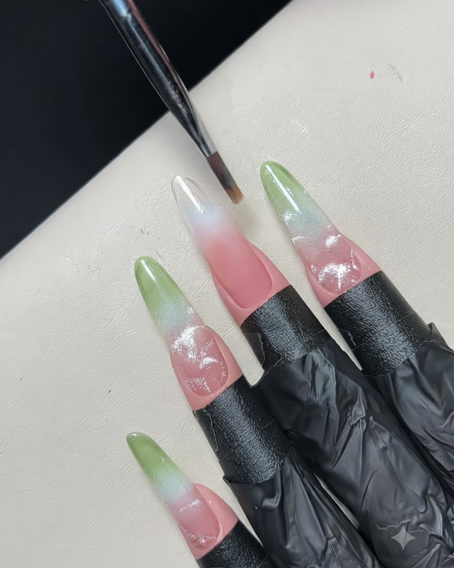 Un pinceau fin de nail art estompant et lissant délicatement la transition des couleurs sur un ongle dentraînement en dégradé.