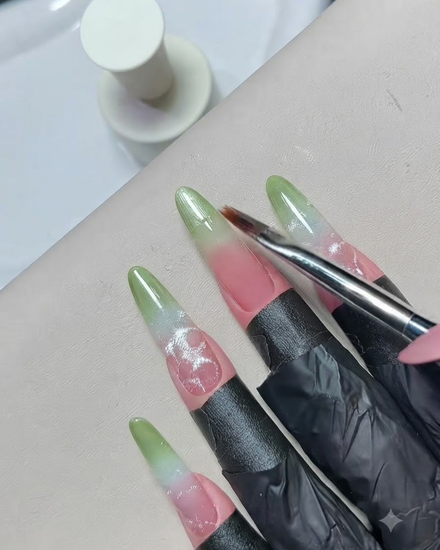 Un pinceau fin estompant le vernis gel vert le long de longle pour parfaire la transition du dégradé.