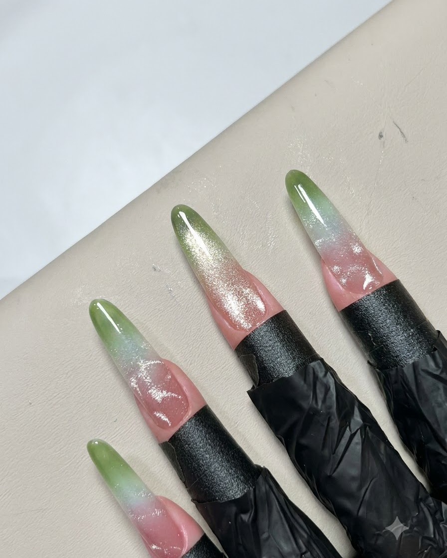Des pinces fines plaquant de petits accessoires de perles métalliques sur un motif de nail art terminé.