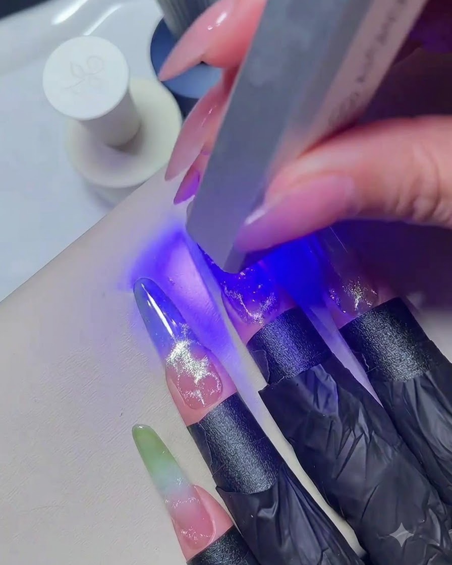 Une main tenant une mini lampe torche UV bleue portable au-dessus dongles manucurés pour catalyser le gel.