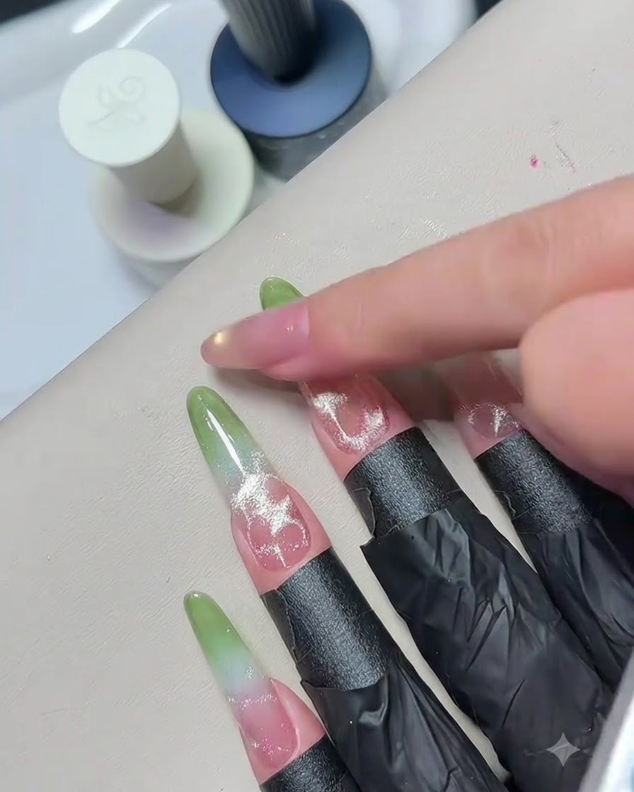 Un doigt touchant délicatement la surface dun ongle brillant catalysé pour inspecter sa texture finale.
