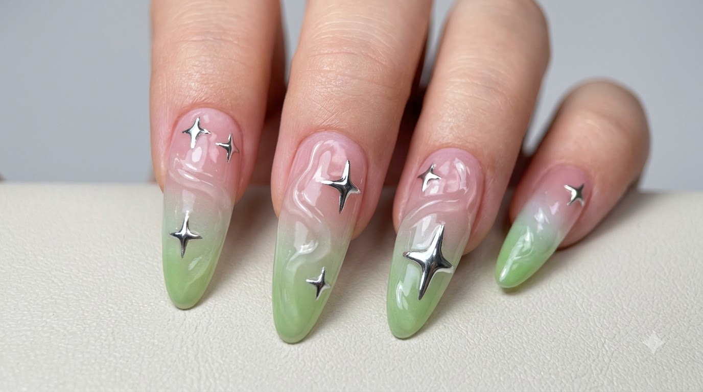 Tutoriel Ongles Effet Ondulation d'Eau et Dégradé Vert et Rose — Nail Art Été