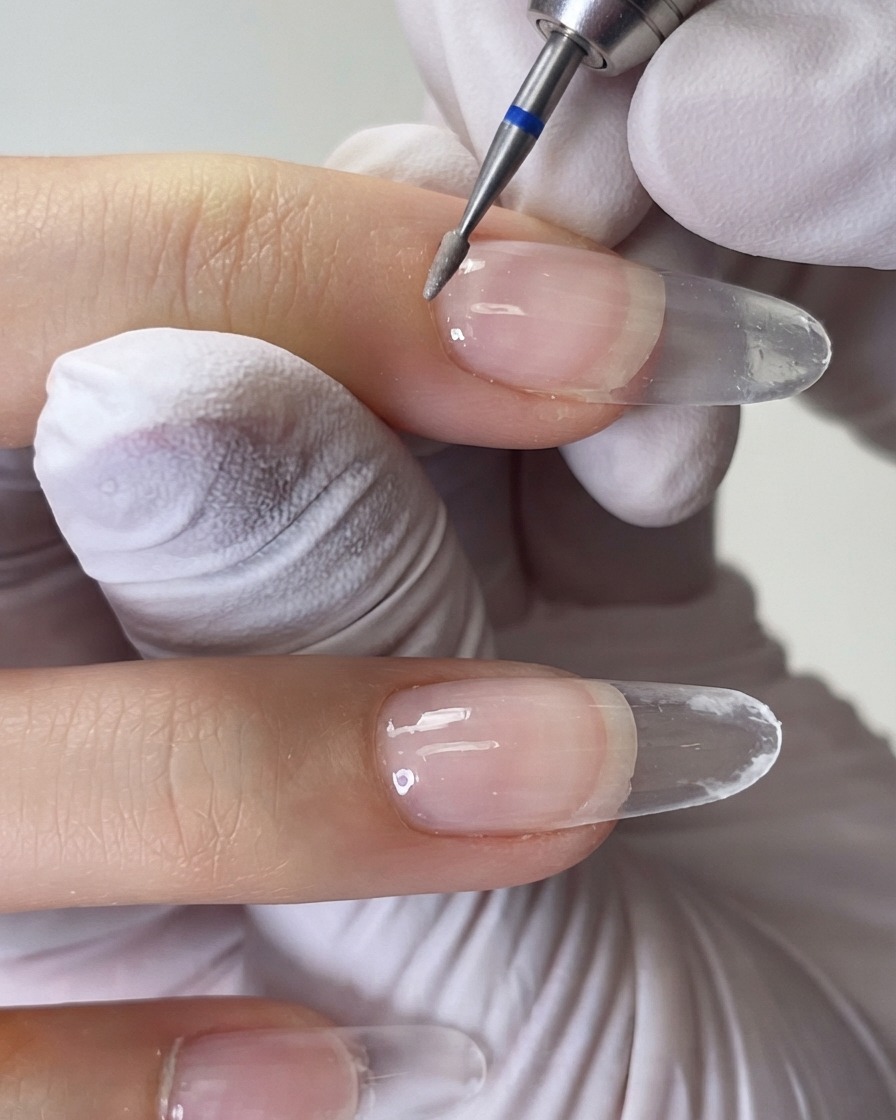 Gros plan dune ponceuse électrique avec un embout carbure à bague bleue nettoyant le contour de la cuticule dun ongle naturel.