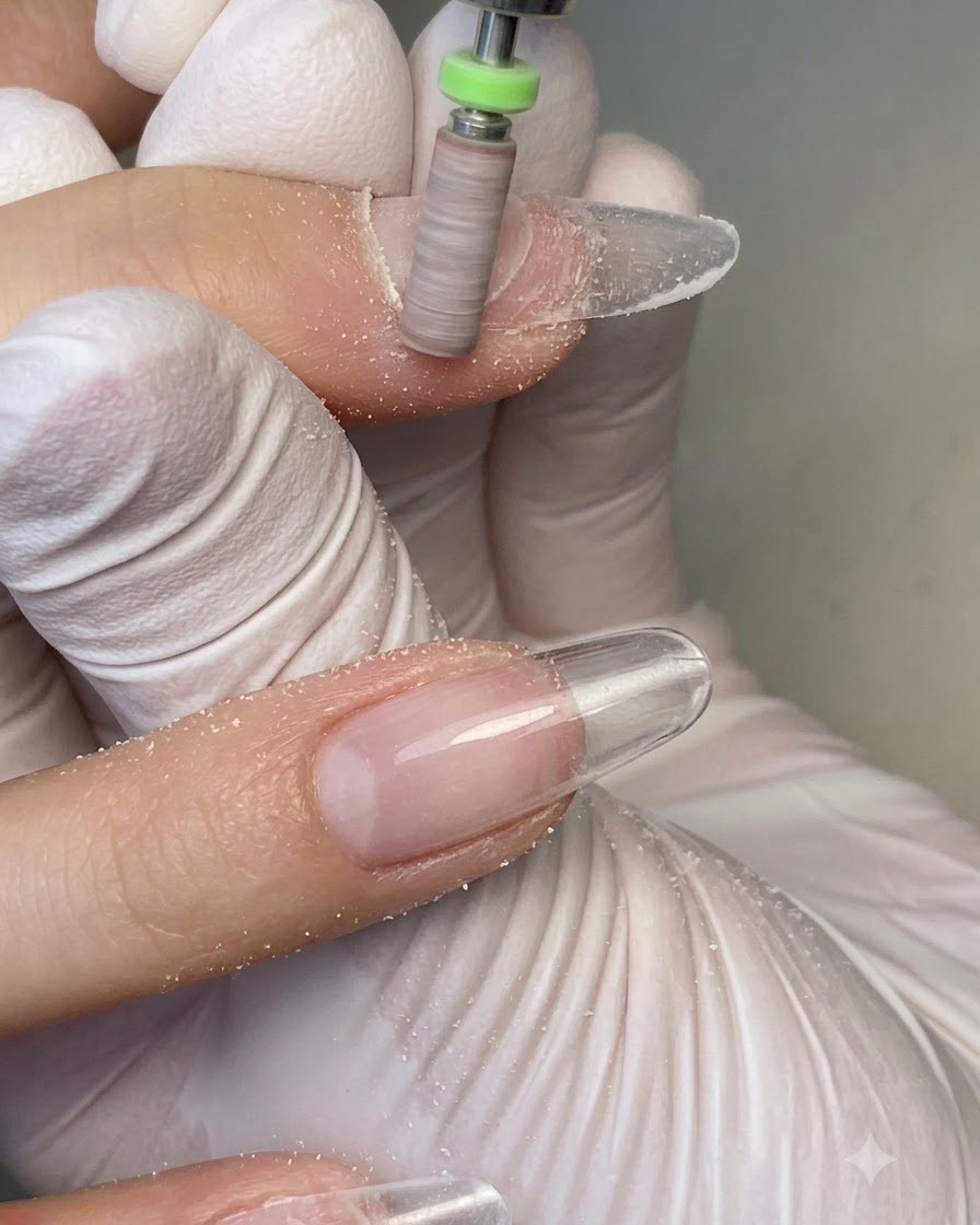 Une ponceuse électrique équipée dun embout cylindrique en céramique blanc lissant la zone des cuticules dun onglet.