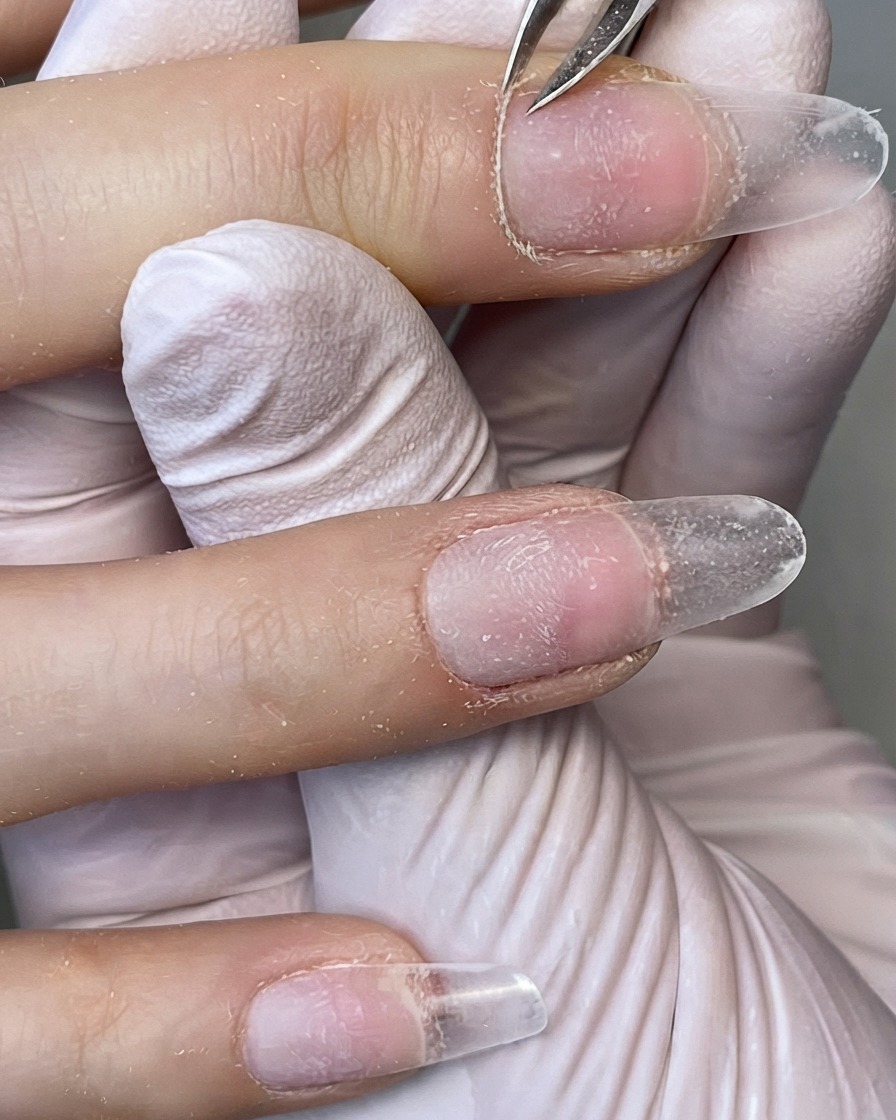 Une paire de pinces à cuticules métalliques de précision coupant les peaux mortes autour du contour de longle.