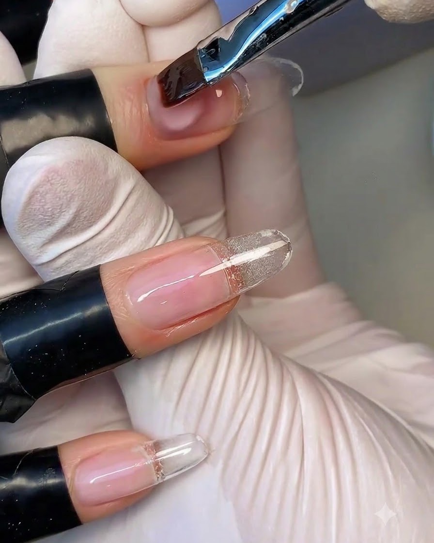 Un pinceau à gel plat appliquant du gel de base transparent sur un ongle préalablement préparé.