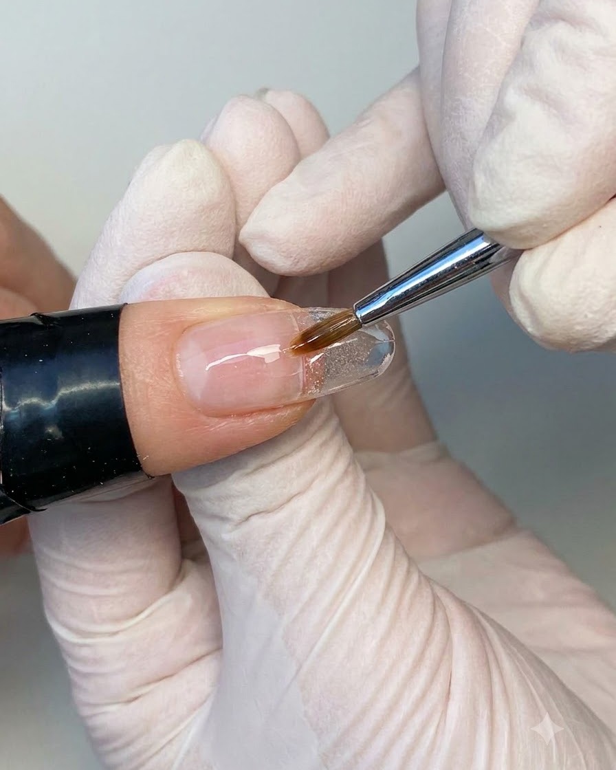 Un pinceau de détail appliquant une seconde couche de gel de base pour lisser et niveler la surface de longle.