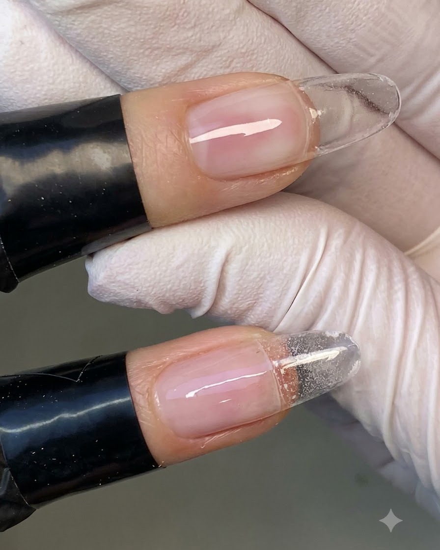 Une main gantée utilisant une lingette non pelucheuse imbibée de cleaner pour essuyer la surface dun ongle en gel.
