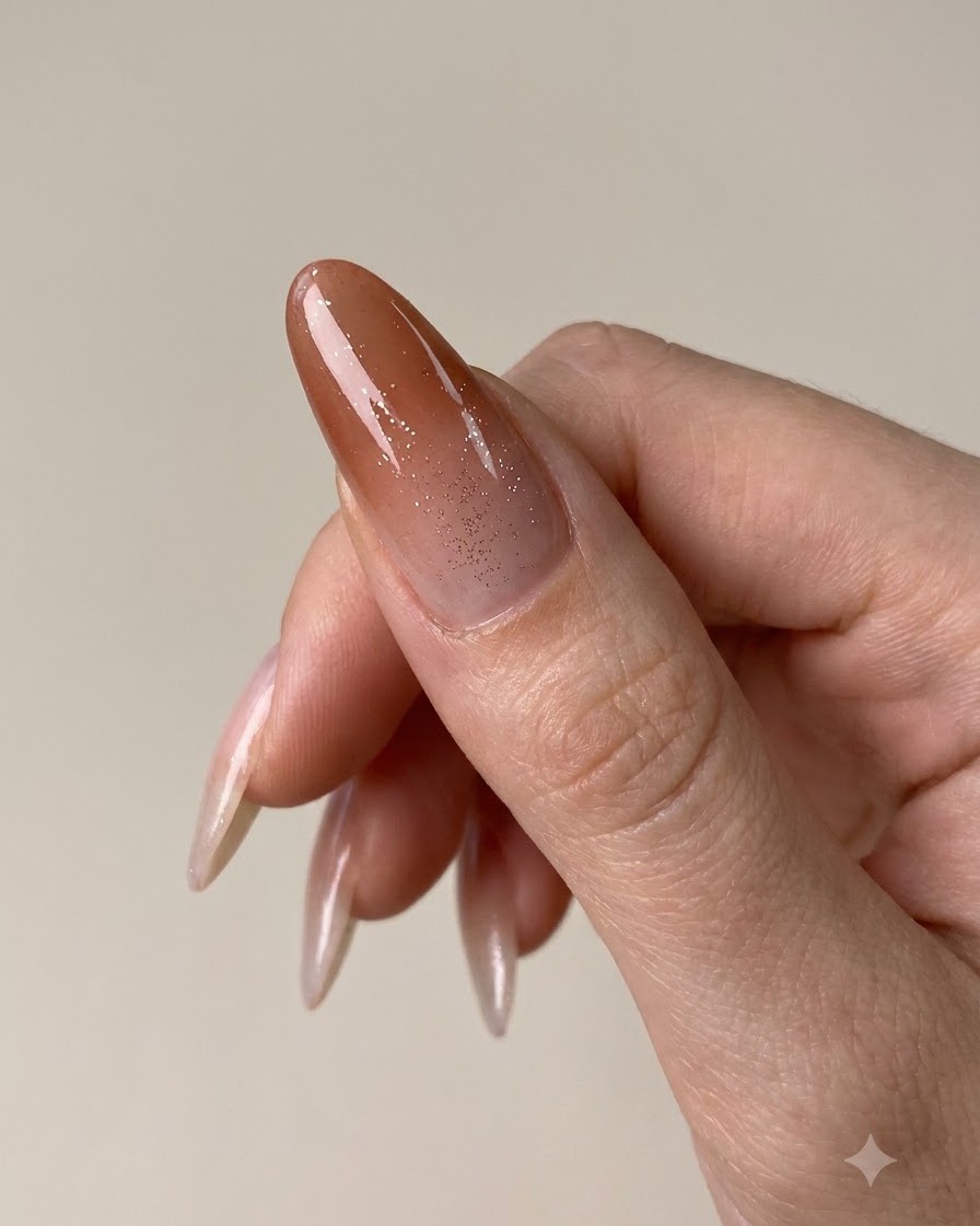 Une main manucurée présentant un ongle dégradé brillant achevé avec de subtils accents de paillettes dorées.