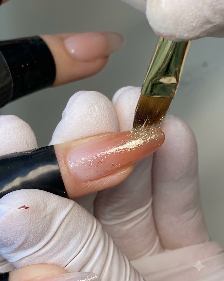 Un pinceau de détail déposant de fines paillettes dorées le long des lignes de design en marbre sur un ongle.