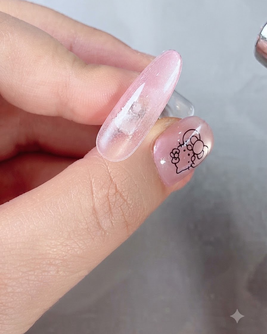 Une main tenant un aimant cylindrique près du bout dun ongle recouvert de gel rose pour activer leffet œil de chat.