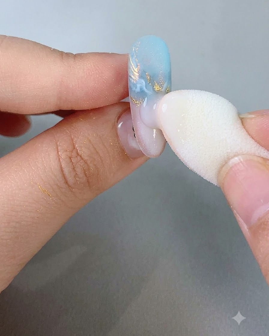 Une main tenant un ongle sous la lueur violette dune lampe de catalysation UV LED.