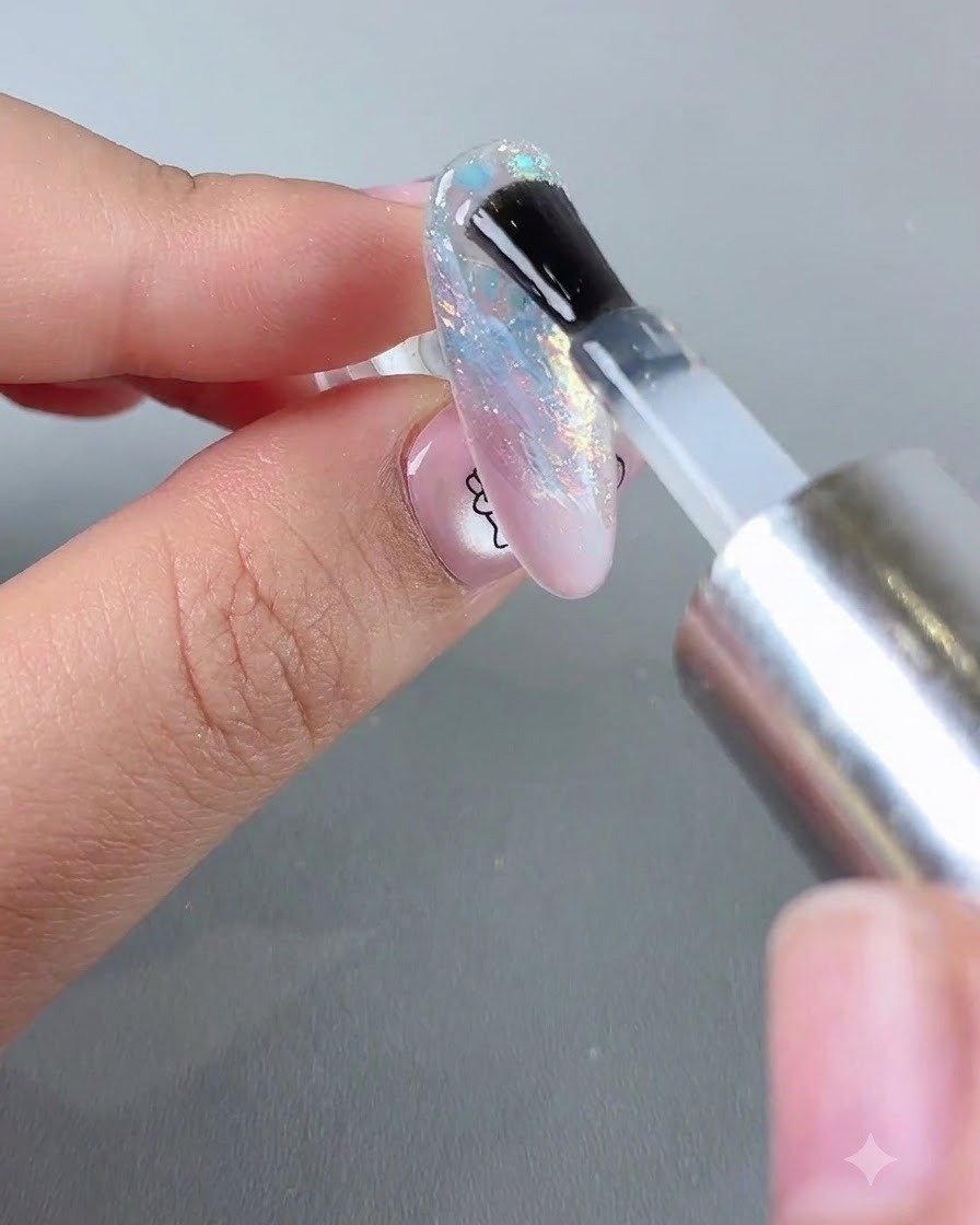 Gros plan dun pinceau appliquant un top coat en gel transparent sur un ongle détaillé en dégradé rose et bleu avec des flocons de paillettes iridescentes.