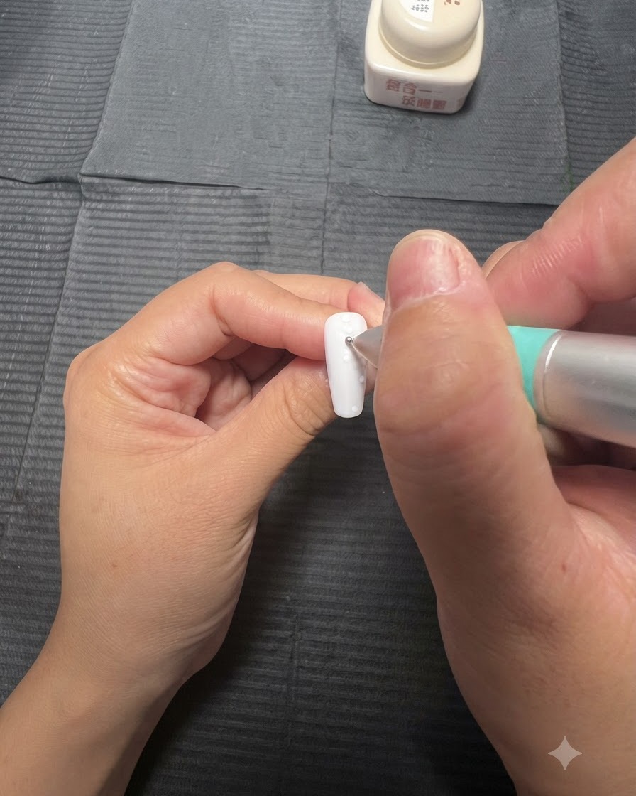 Une main utilisant un stylet pour ajouter plusieurs points colorés autour dun point central sur un ongle blanc.