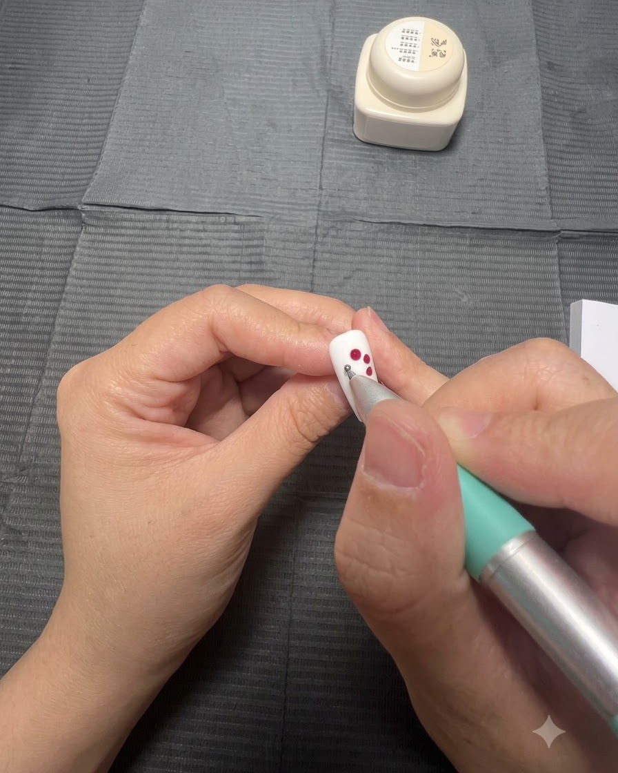Un ongle blanc avec des points de gel rouge blooming qui sélargissent en formes de pétales.