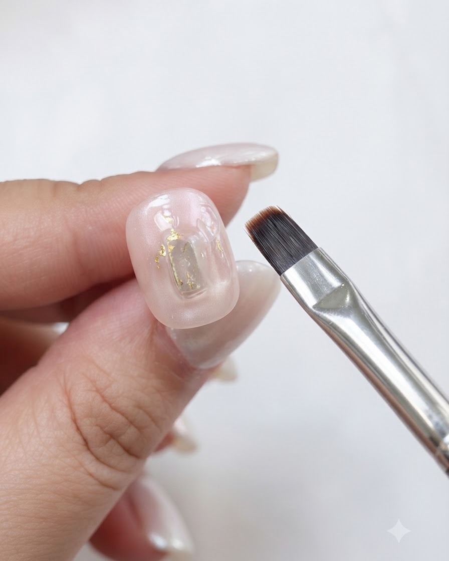 Un pinceau plat à gel tenu près dun ongle avec une application de rose.