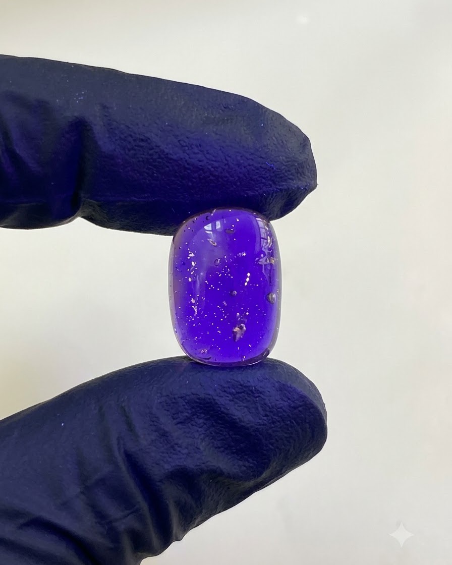 Un gros plan de doigts portant des gants bleus tenant un modèle dongle violet.