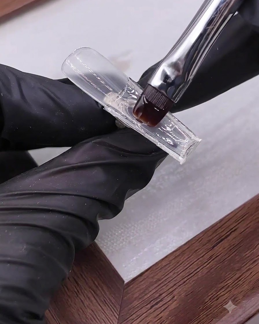 Un pinceau à ongle appliquant une couche épaisse de gel de finition transparent sur une capsule.
