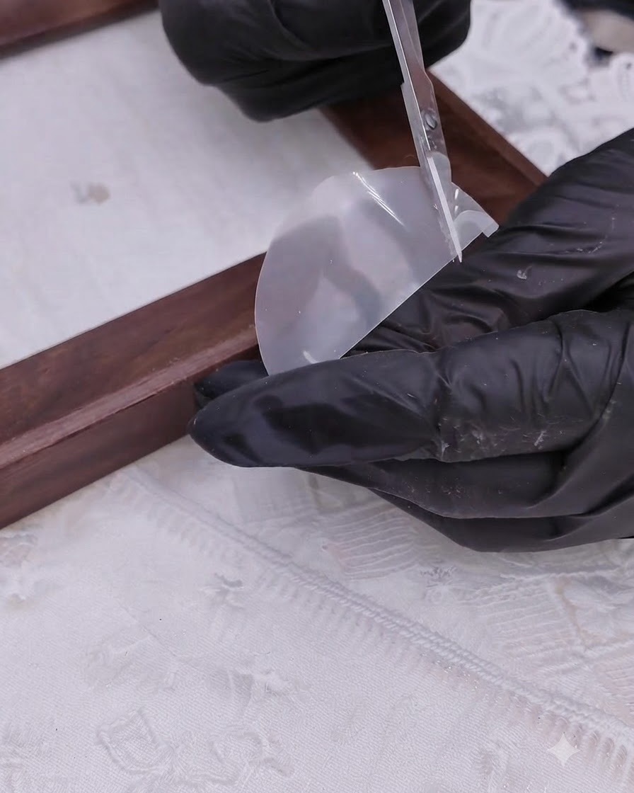 Des mains gantées utilisant de petits ciseaux de précision pour découper un morceau incurvé de film plastique transparent.