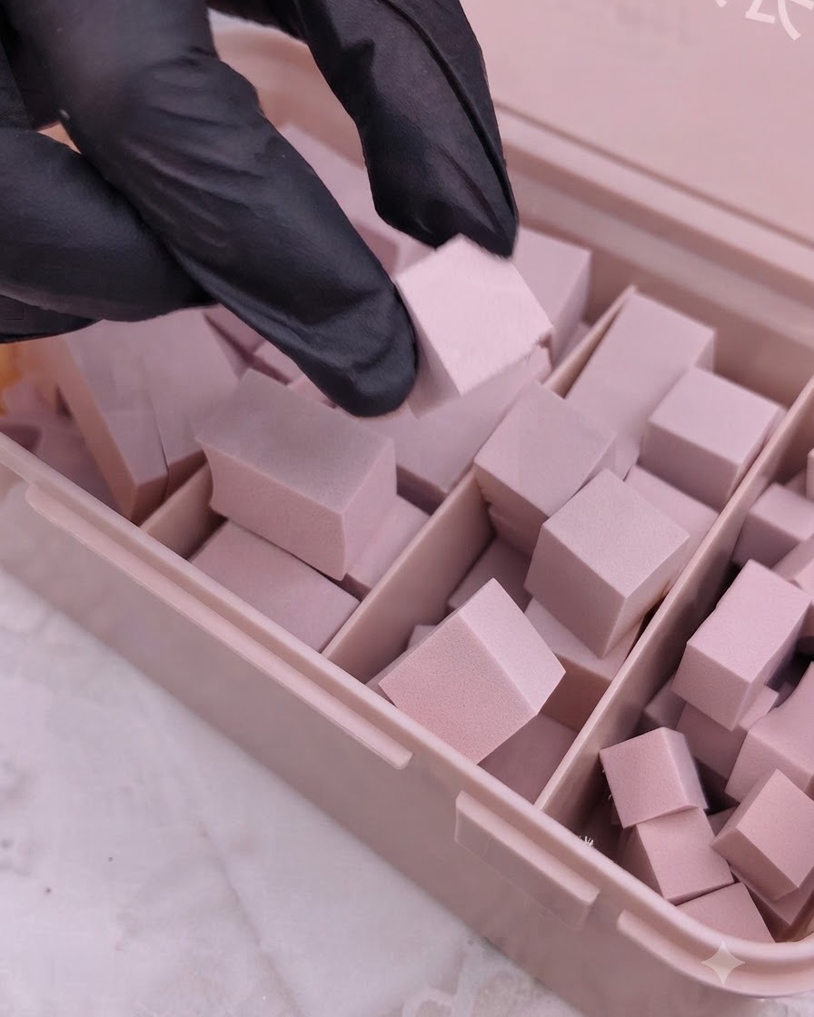 Une main gantée tenant un petit tampon en mousse rose au-dessus dun récipient rempli de blocs de mousse.
