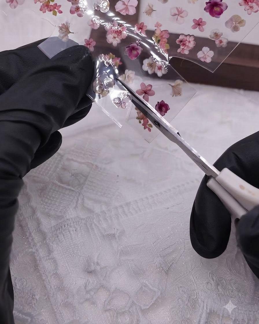 Une paire de petits ciseaux découpant de délicats autocollants à motifs floraux sur une feuille de décalcomanies transparente.