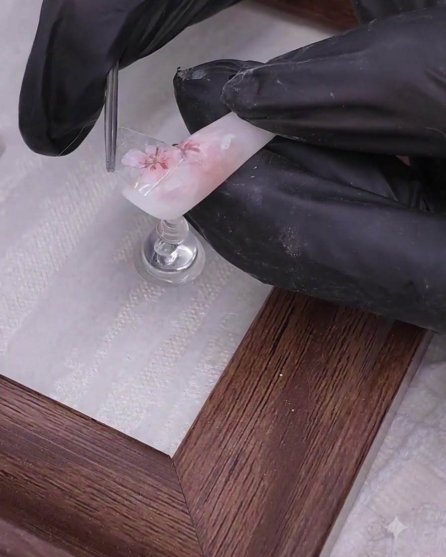 Une paire de brucelles posant un petit autocollant floral rose sur la surface dun ongle semi-translucide.