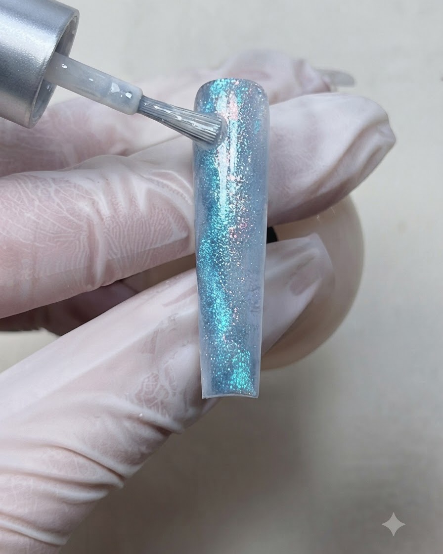 Un pinceau de vernis appliquant de petites gouttes dencre liquide blooming blanche le long des crêtes structurées dun ongle en gel bleu.