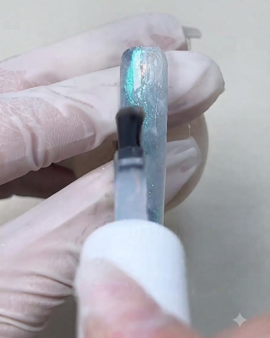 Un pinceau appliquant une dernière couche de gel encapsulant transparent sur le design détaillé de nail art décume de mer.