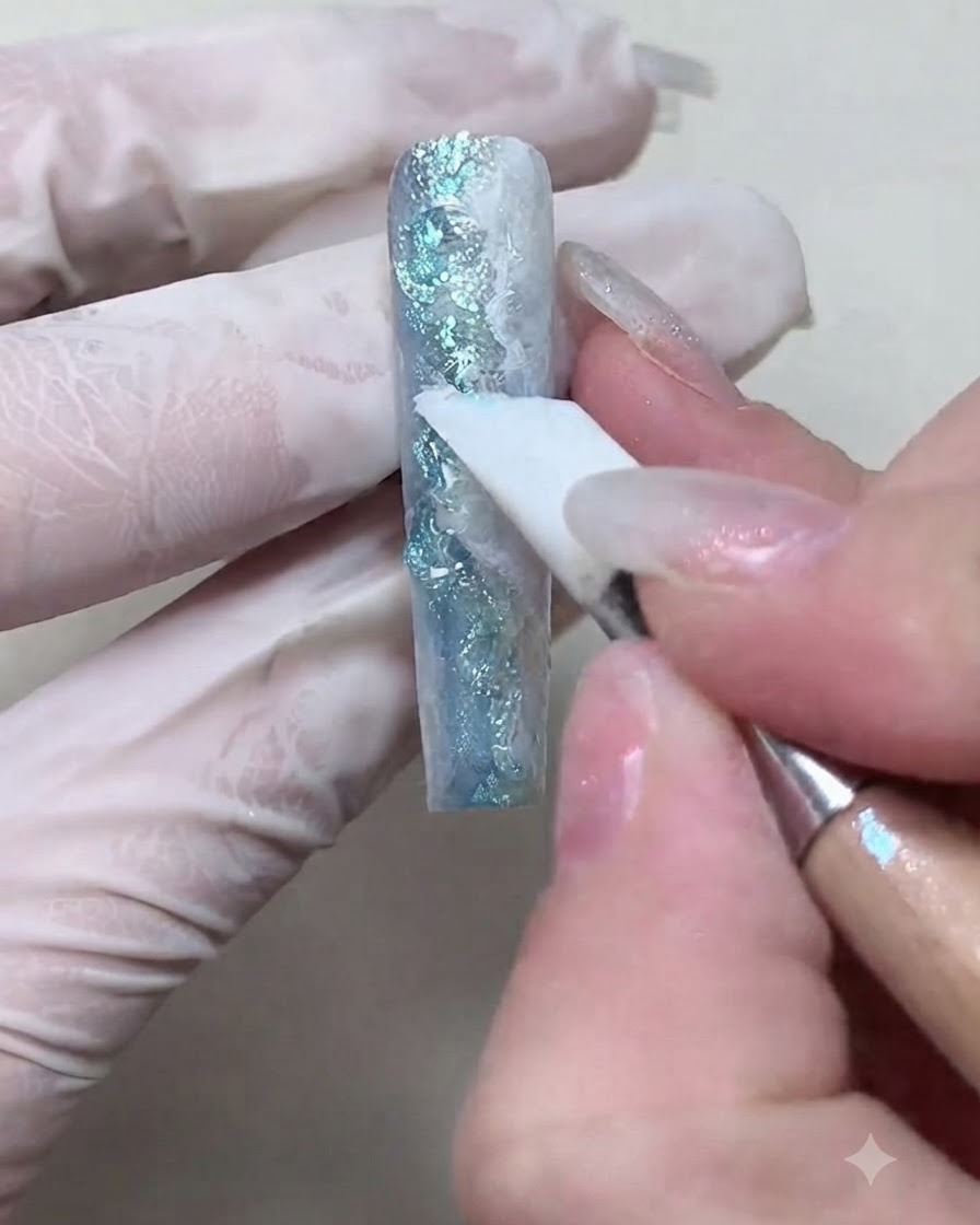 Un outil de précision appliquant des accents de paillettes argentées sur les points les plus hauts des vagues dimensionnelles sur un ongle.