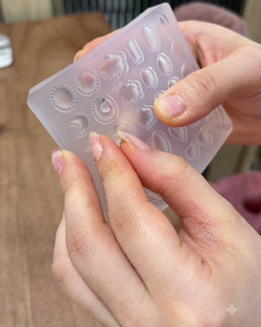 Des doigts tordant un moule en silicone pour libérer une pièce de gemme ovale 3D transparente.