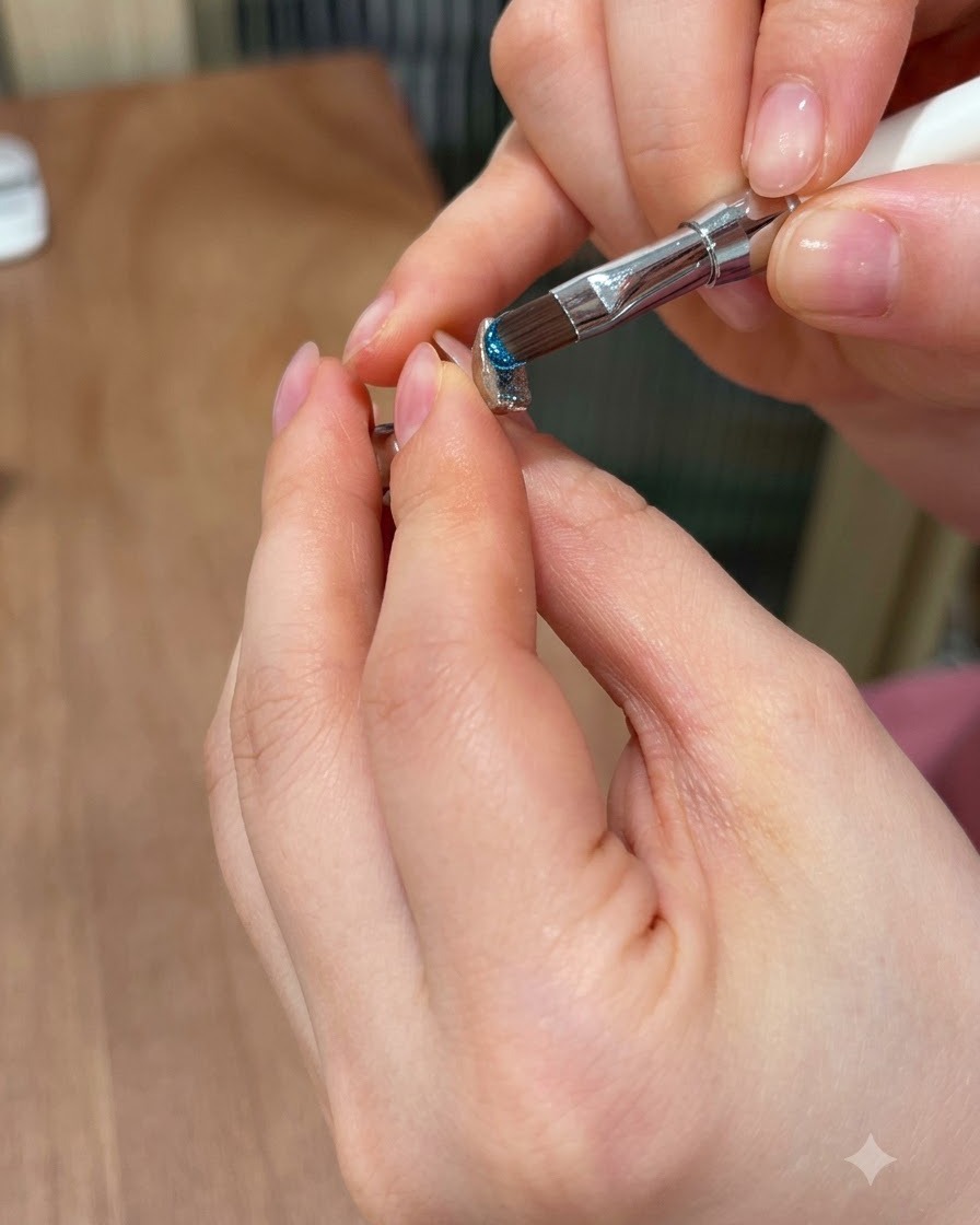 Un pinceau à ongles appliquant un gel cat-eye bleu vibrant sur la surface supérieure dune gemme moulée en 3D.