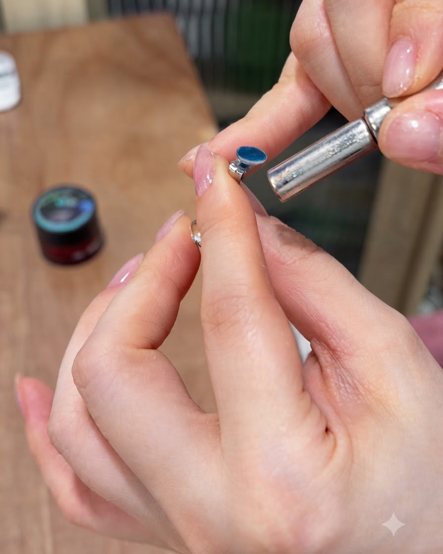 Un outil magnétique tenu près dune gemme enduite de gel cat-eye bleu sur un support à ongles pour créer un reflet lumineux.