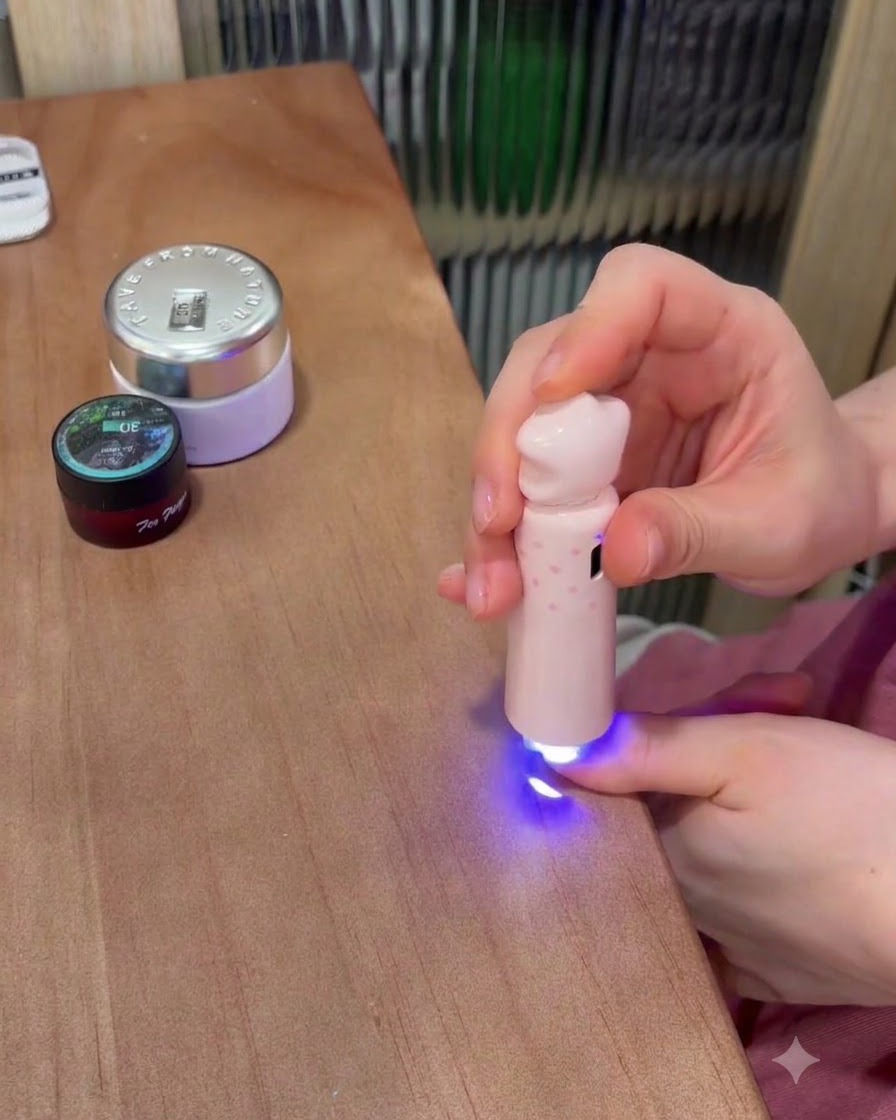 Une mini lampe UV/LED rose catalysant ladhésif sous une gemme bleue sur un ongle.