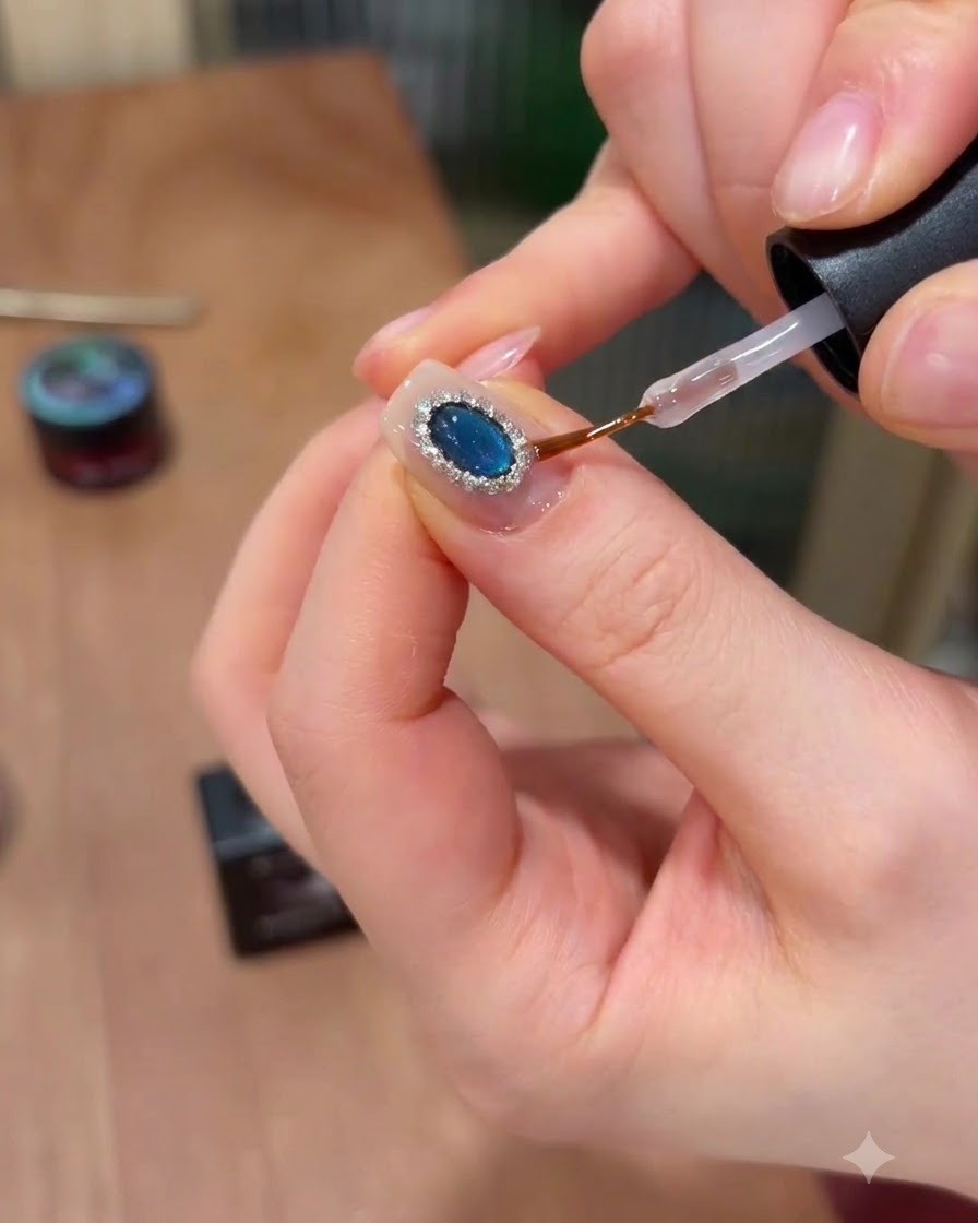 Une mini lampe UV/LED catalysant le top coat final sur un design dongle orné de bijoux achevé.