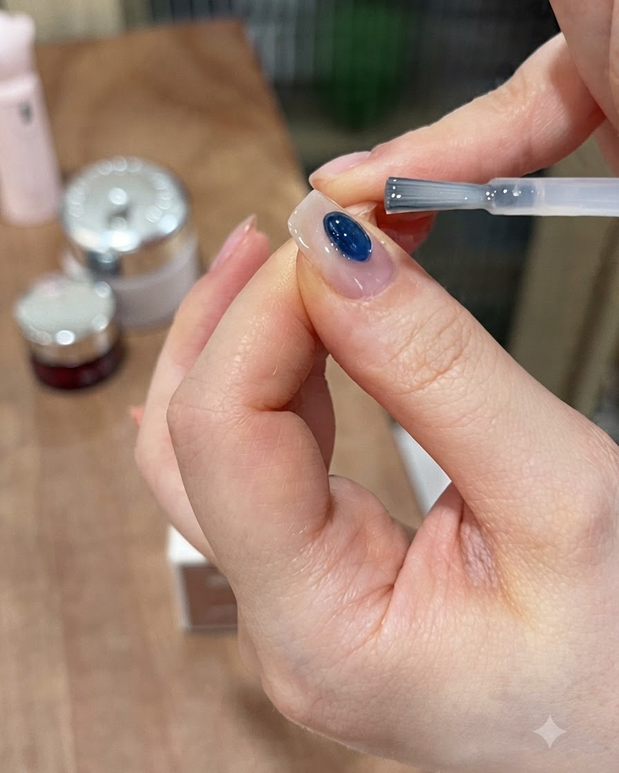 Un pinceau appliquant un top coat transparent sur la surface de longle naturel entourant la gemme bleue centrale.