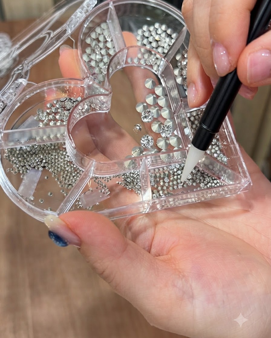 Un stylo cueilleur à cire sélectionnant un petit cristal argenté dans une roue de tri de strass en forme de cœur.