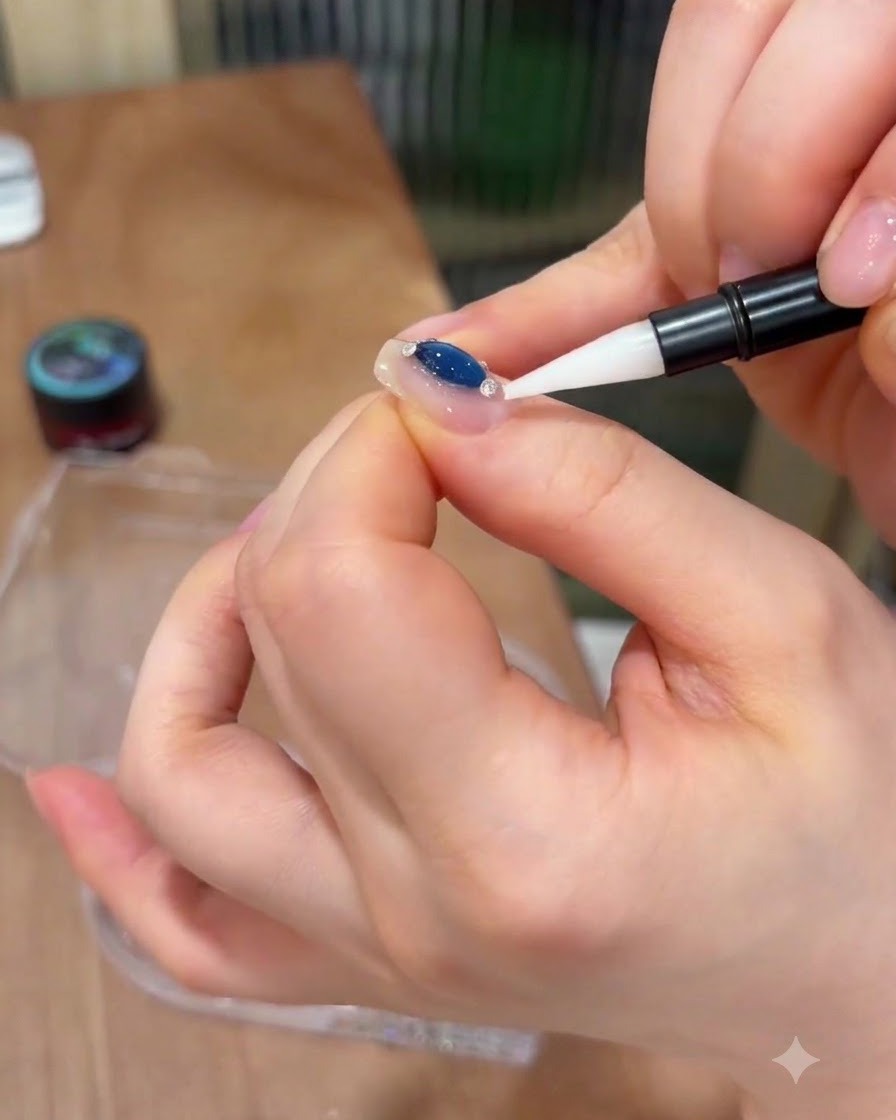 Un outil de précision plaquant de petits cristaux argentés autour de la bordure dune gemme bleue sur un ongle.