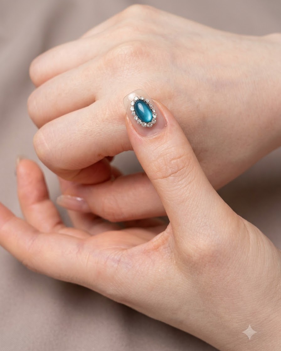 Une mini lampe UV catalysant les cristaux autour dun ongle orné dune gemme bleue.