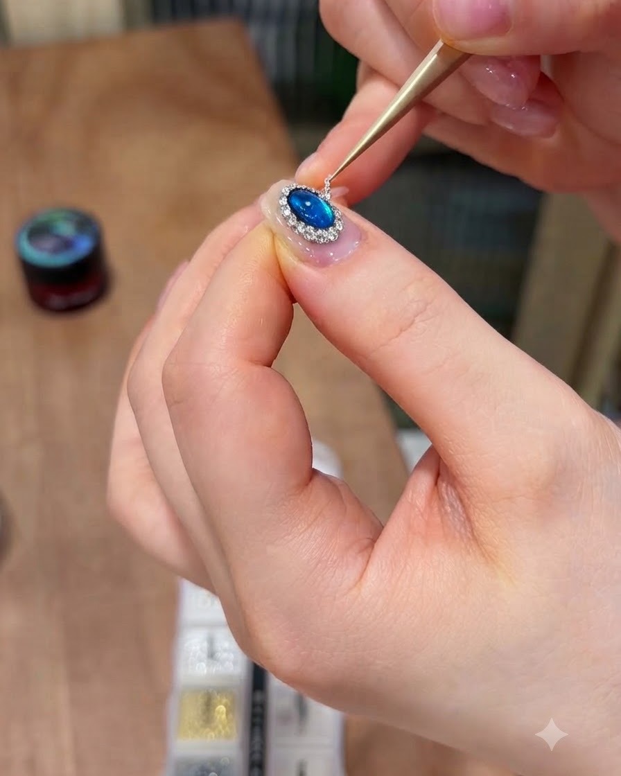 Un outil de saisie de précision plaquant de minuscules microbilles en acier métallique entre les cristaux sur un design de nail art.