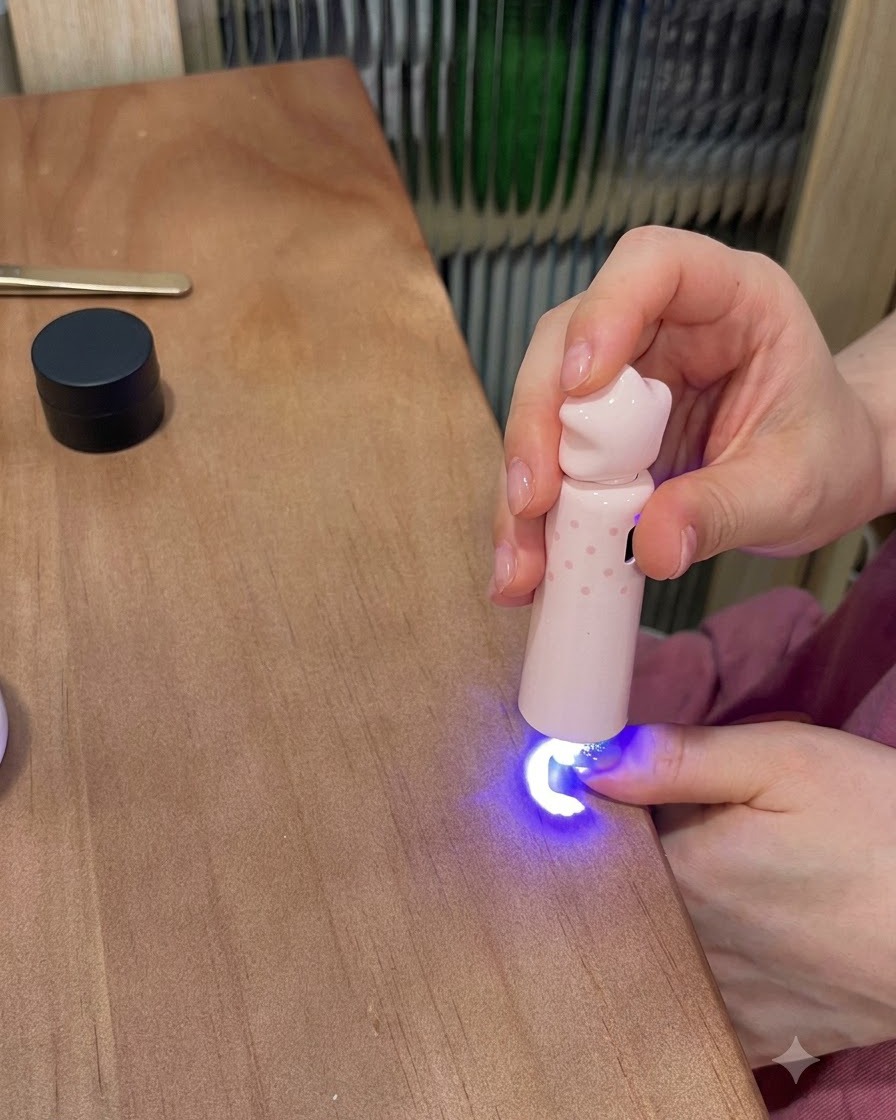 Un pinceau appliquant un top coat détanchéité autour des bords dun design dongle avec gemme.