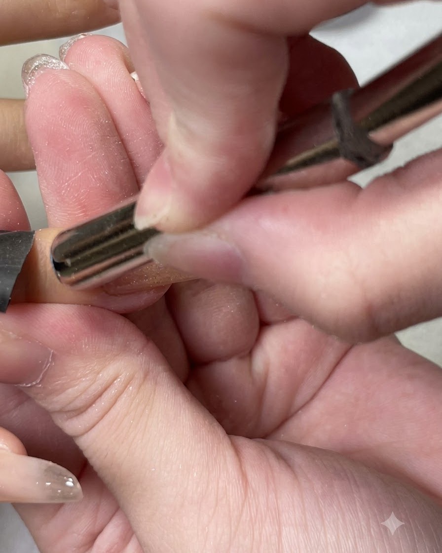 Des aimants cylindriques empilés tenus près du côté dun ongle dindex pour concentrer les particules cat eye.
