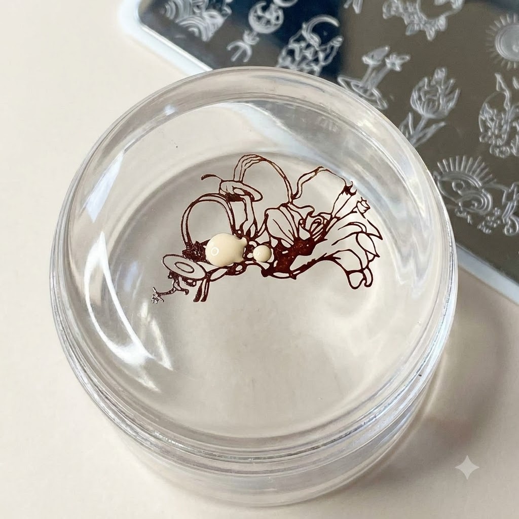 Tampon transparent avec un motif marron, rempli avec un pinceau fin en utilisant du vernis gel nude pour la peau.